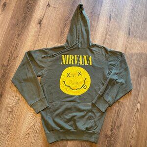 Green Nirvana Smiley Face Hoodie‎ - Size Small Grunge Rock Band Pullover